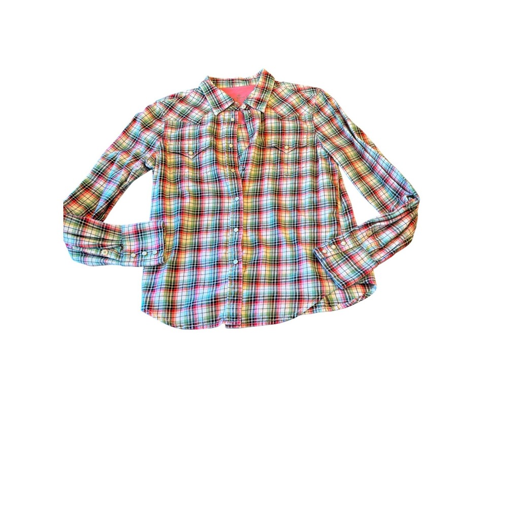 Polo Jeans Co Ralph Lauren Womens Medium Plaid Western Pearl Snap Shirt Multi